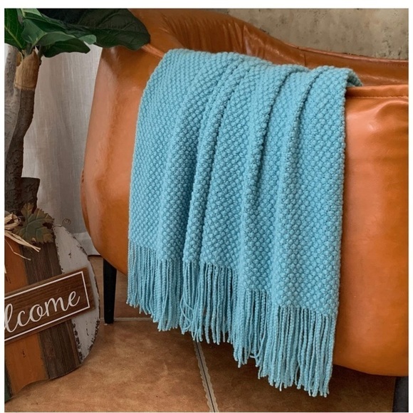 Light Sky Blue Textured Minimal Cozy Knit Pattern Fringe Tassel Couch Blanket - Picture 2 of 16